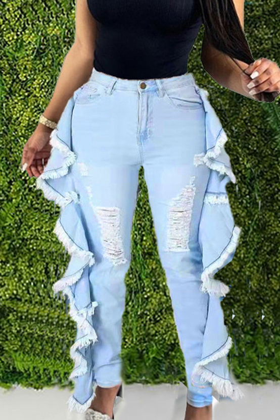 Ladies Distressed Side Ruffle Stretch Skinny Jeans
