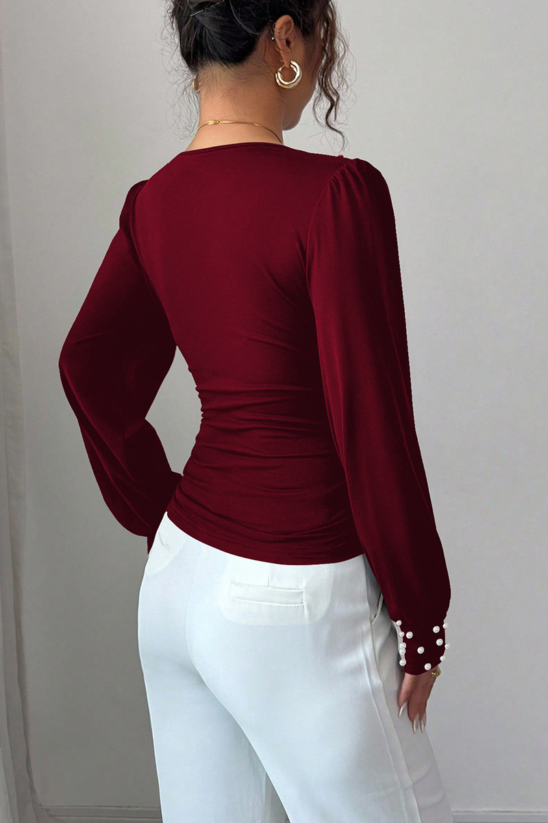 Ladies V Neck Pearl Embellished Slim Fit Long Sleeve Top
