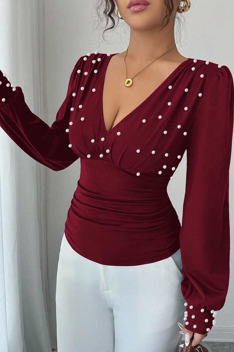 Ladies V Neck Pearl Embellished Slim Fit Long Sleeve Top
