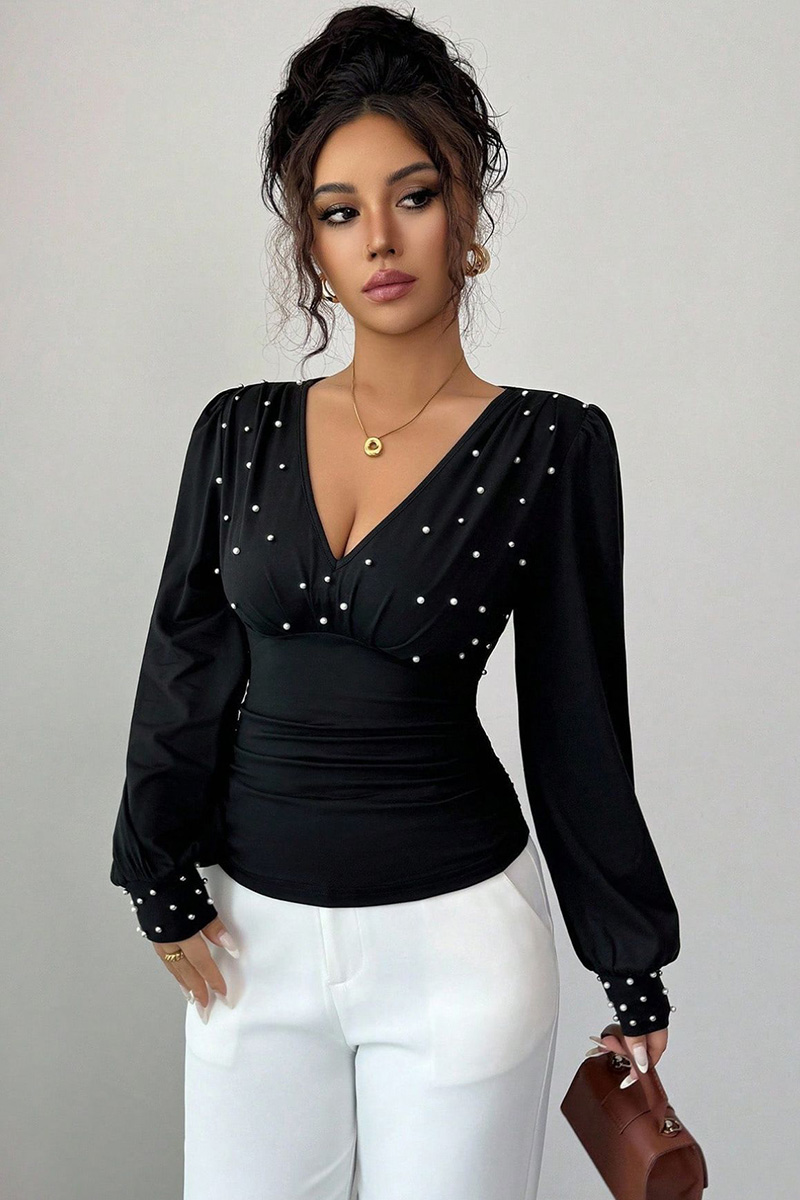 Ladies V Neck Pearl Embellished Slim Fit Long Sleeve Top