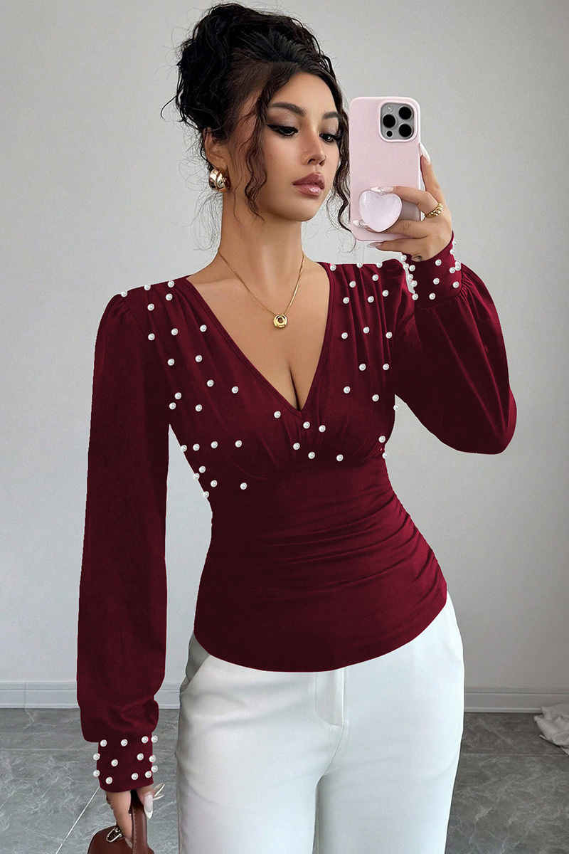 Ladies V Neck Pearl Embellished Slim Fit Long Sleeve Top
