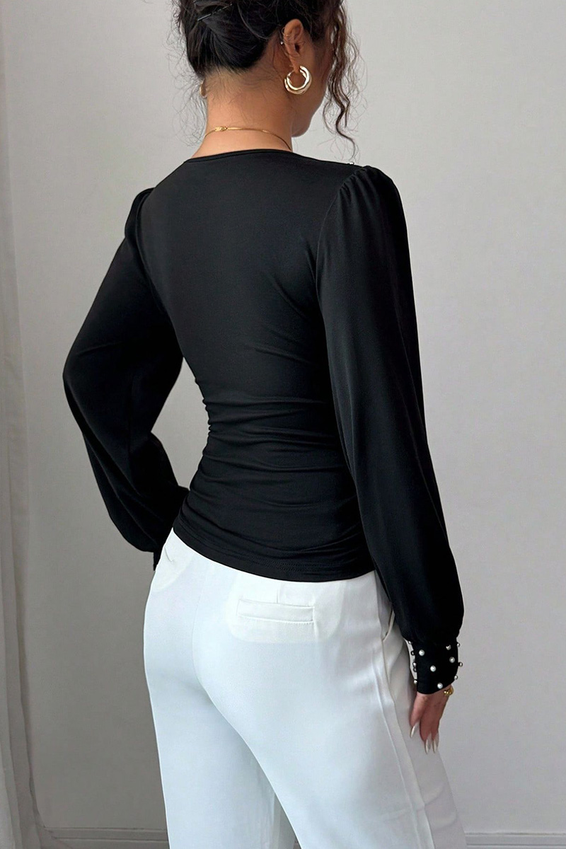 Ladies V Neck Pearl Embellished Slim Fit Long Sleeve Top