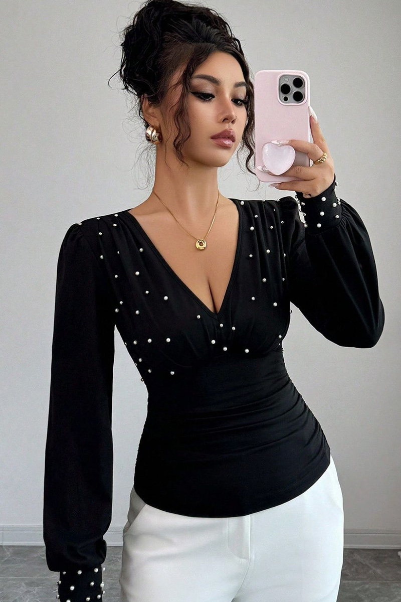 Ladies V Neck Pearl Embellished Slim Fit Long Sleeve Top