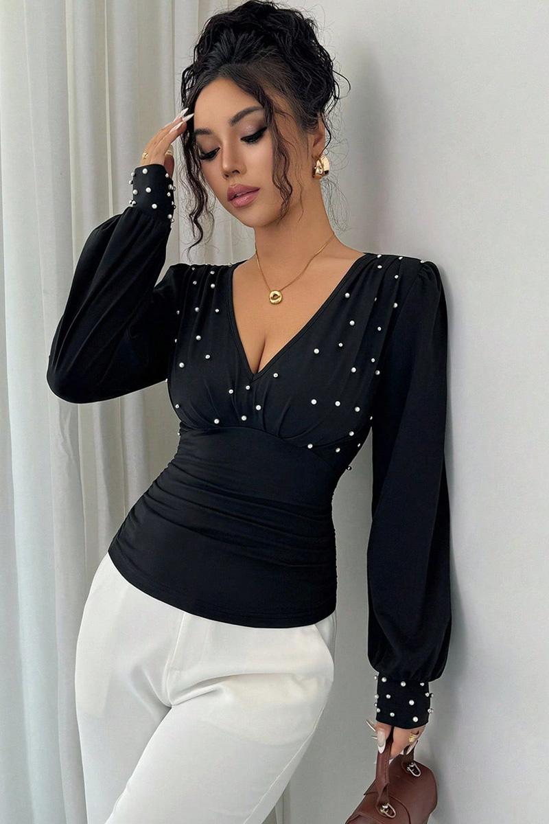 Ladies V Neck Pearl Embellished Slim Fit Long Sleeve Top