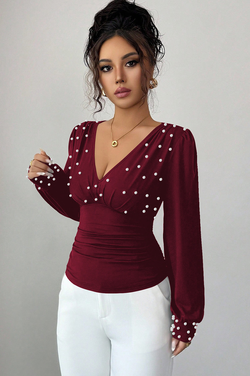 Ladies V Neck Pearl Embellished Slim Fit Long Sleeve Top