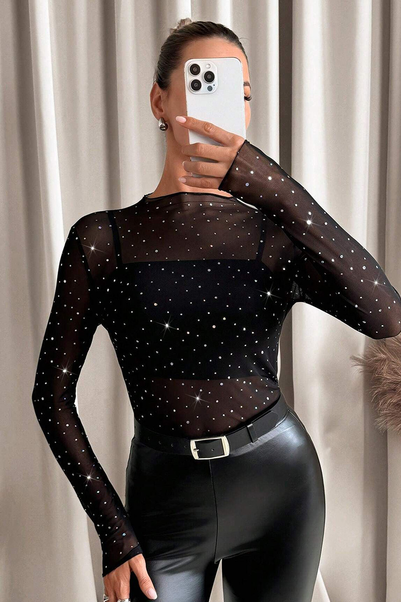 Ladies Sheer Mesh Top With Crystal Embellishments