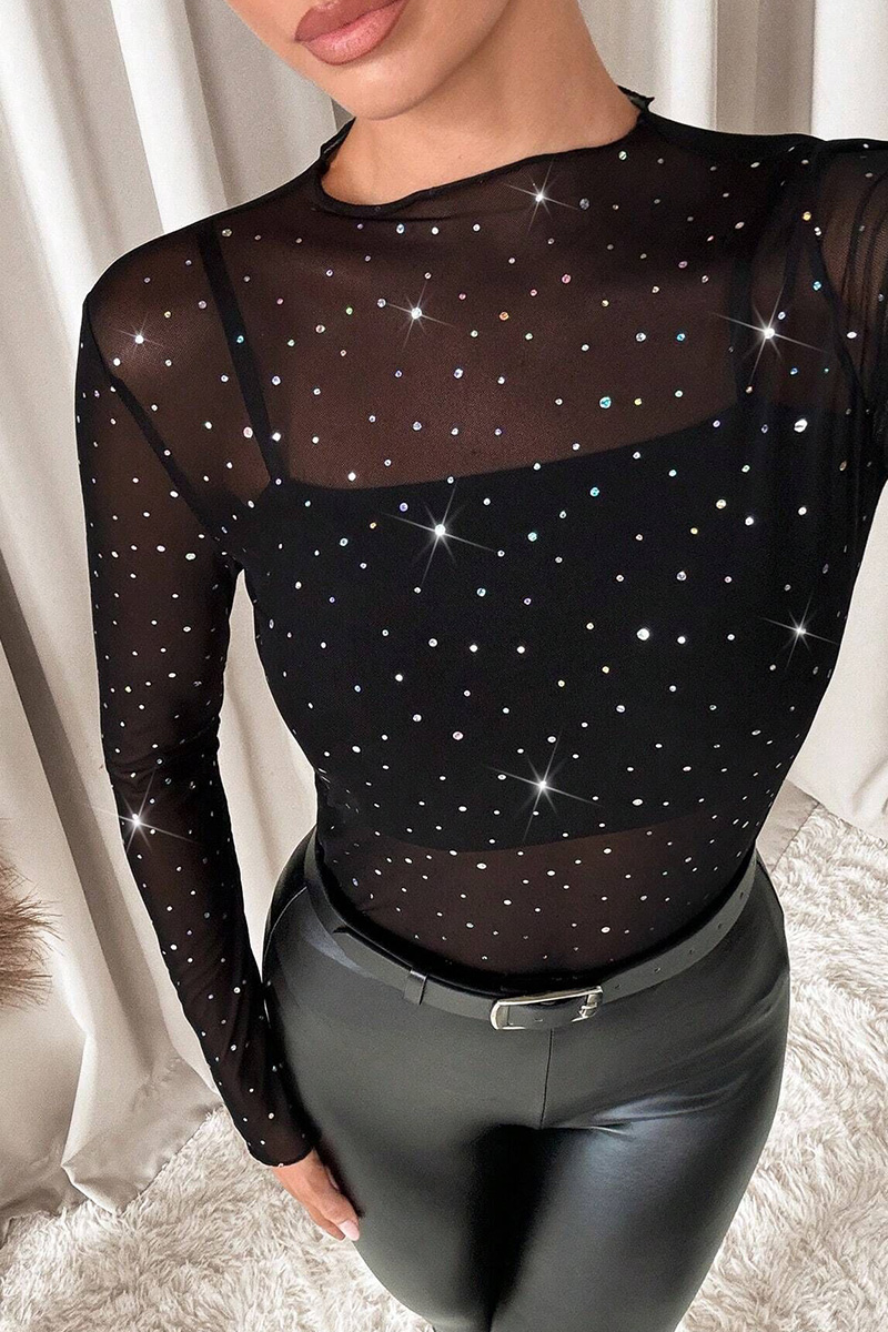 Ladies Sheer Mesh Top With Crystal Embellishments