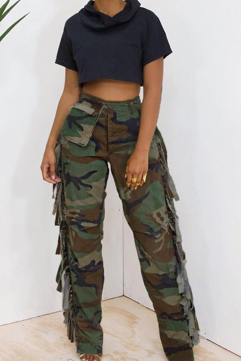 Women Camouflage Pants With Side Fringe And Large Pockets