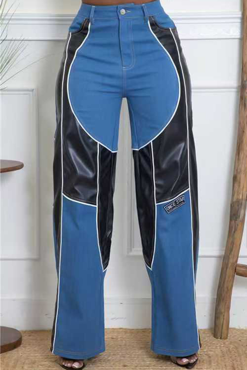 Women Fashion PU And Denim Patchwork Jeans