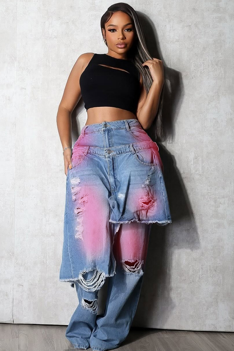 Ladies Vintage Wash Spray Color Faded Two Piece Jeans