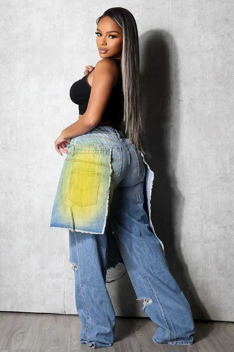 Ladies Vintage Wash Spray Color Faded Two Piece Jeans