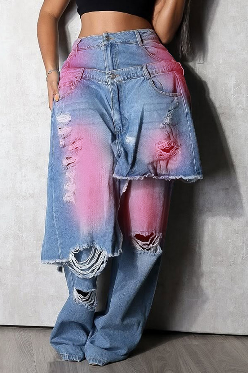 Ladies Vintage Wash Spray Color Faded Two Piece Jeans