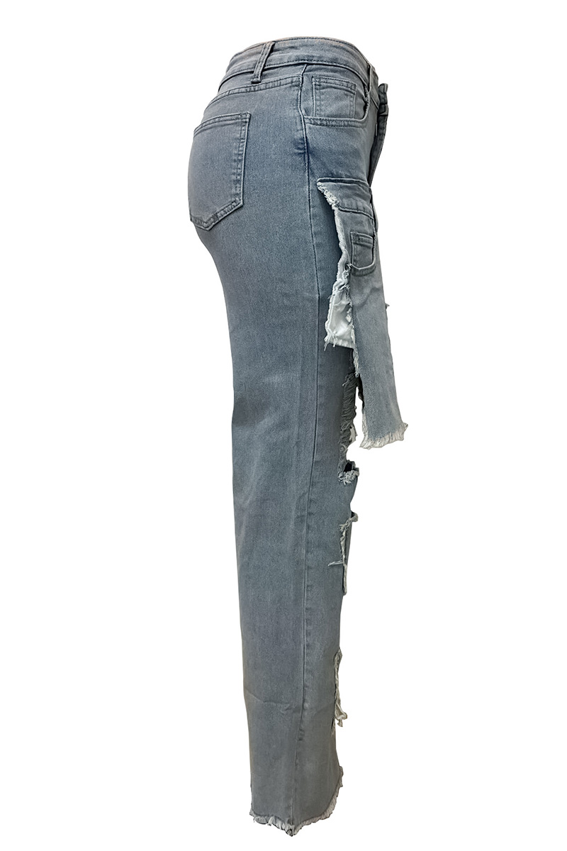 Women's Street Wash Multi Pocket Patchwork Jeans With Distressed Detail