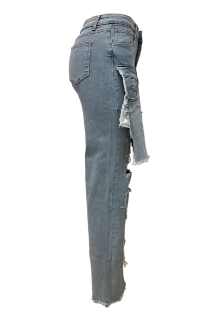Women's Street Wash Multi Pocket Patchwork Jeans With Distressed Detail