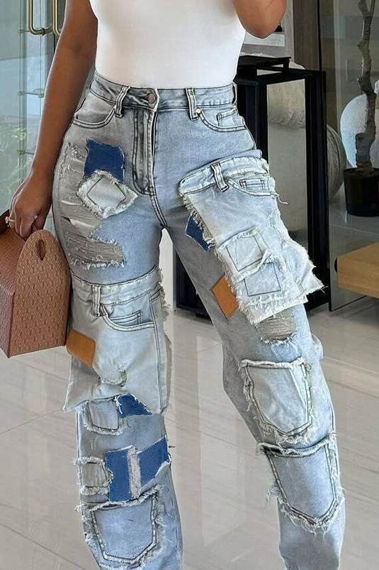 Women's Street Wash Multi Pocket Patchwork Jeans With Distressed Detail