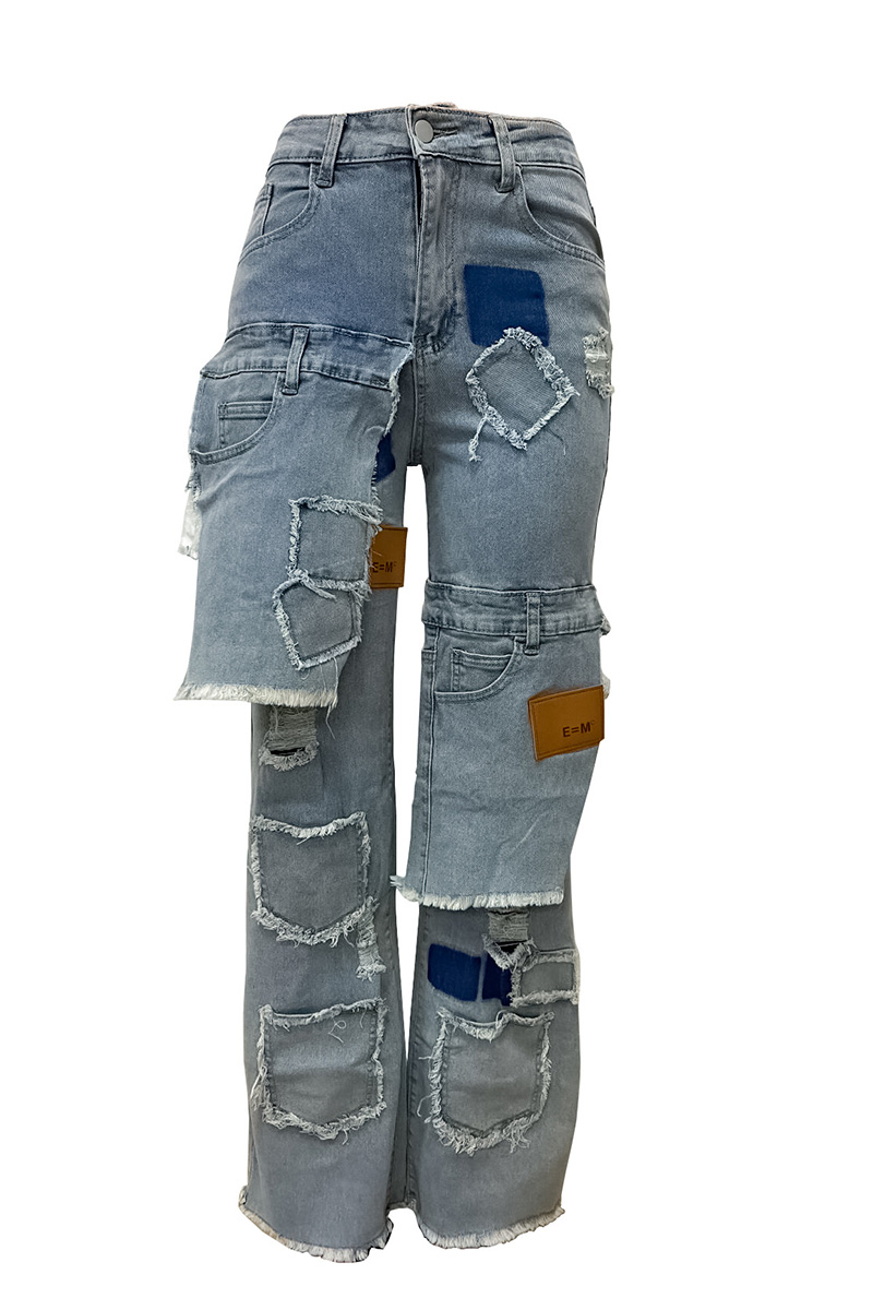 Women's Street Wash Multi Pocket Patchwork Jeans With Distressed Detail