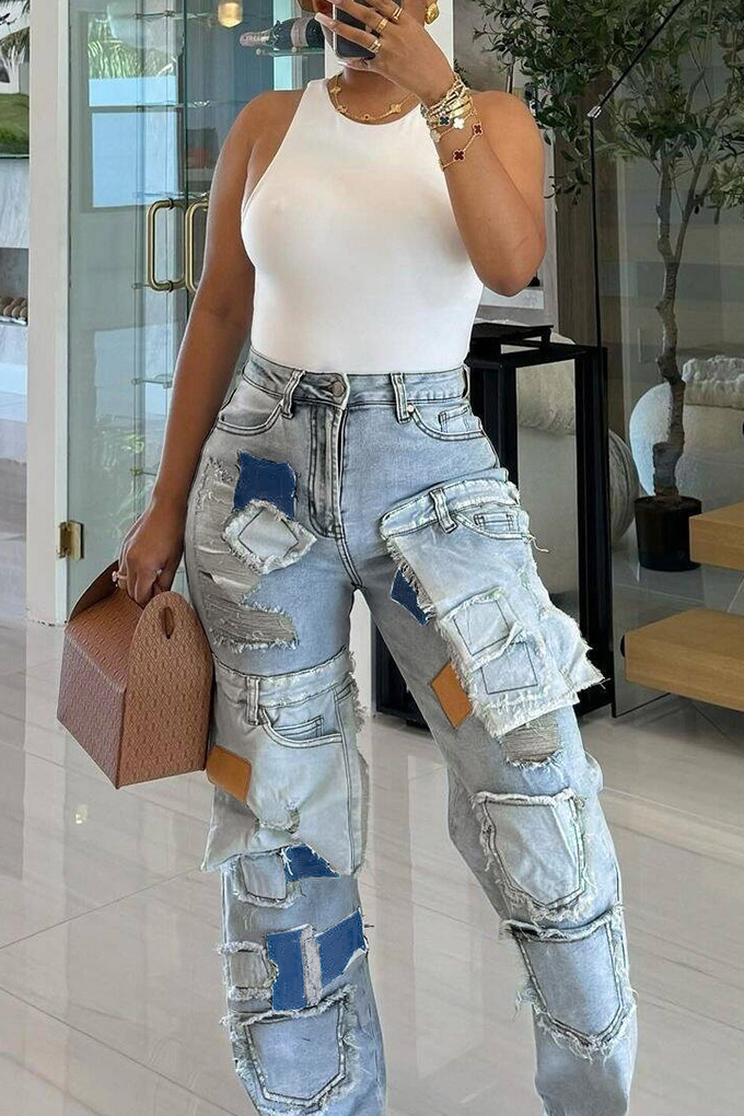 Women's Street Wash Multi Pocket Patchwork Jeans With Distressed Detail