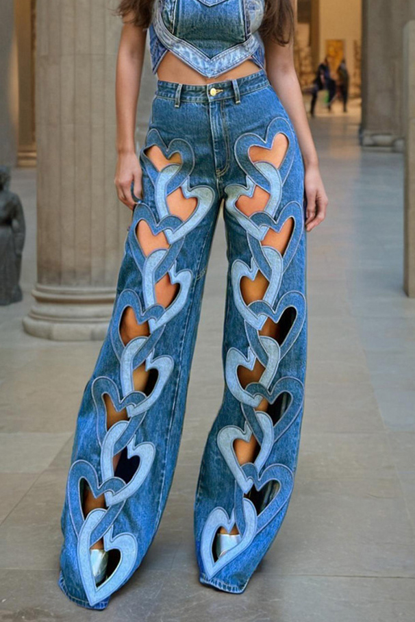 Ladies Distressed  Straight Leg Jeans With Heart Embroidered Details