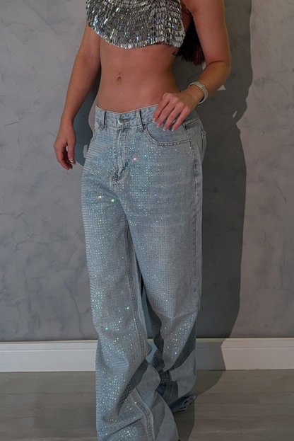 Low Waist Crystal Embellished Maxi Jeans For Women
