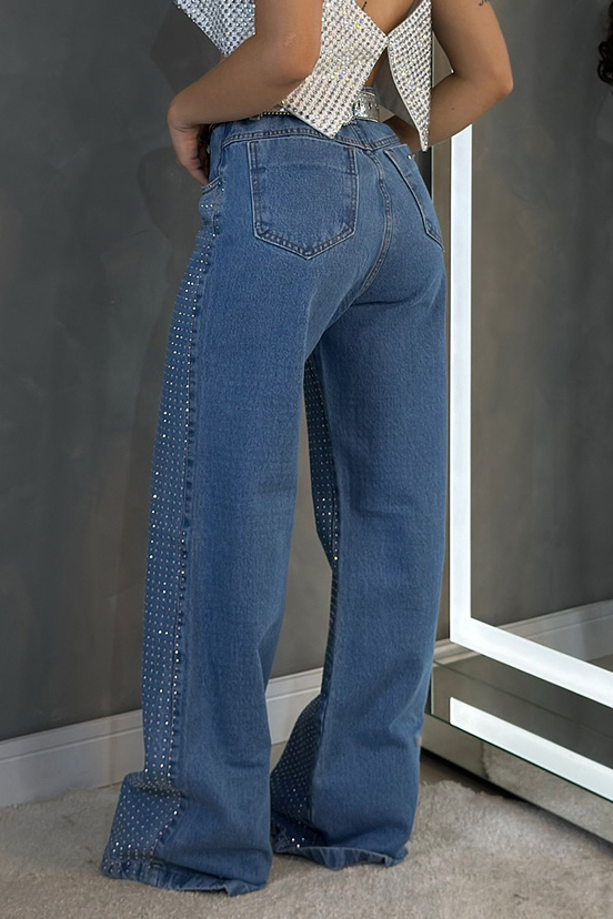 Low Waist Crystal Embellished Maxi Jeans For Women