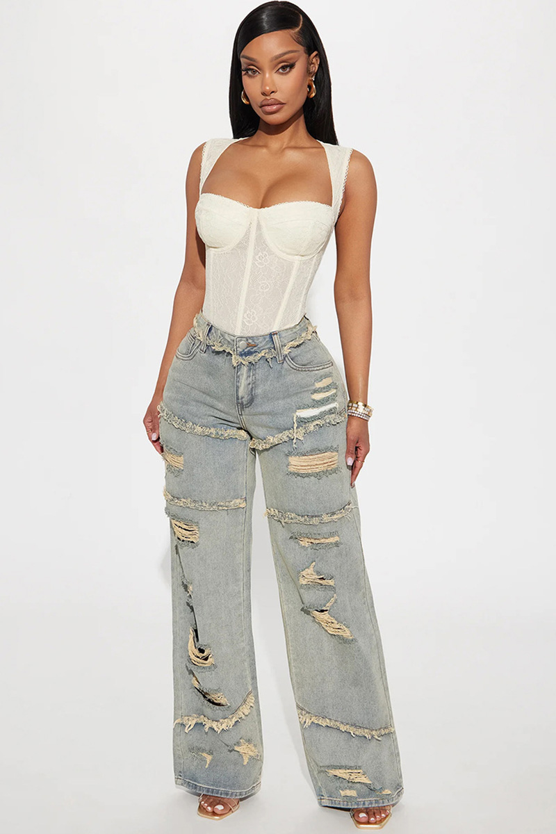 Vintage Wash Distressed Ripped Denim Jeans For Women