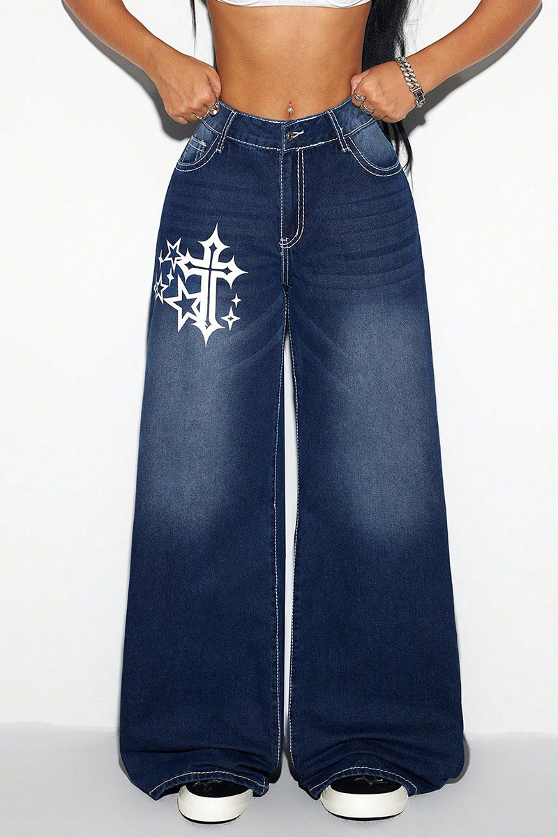 Women's Vintage Inspired Print Wide Leg Jeans