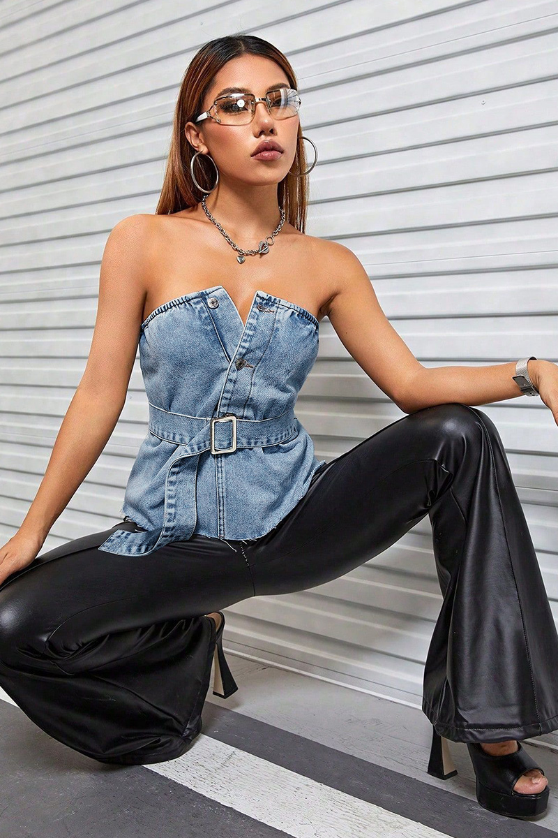 Ladies Sexy Open Back Denim Bustier Top