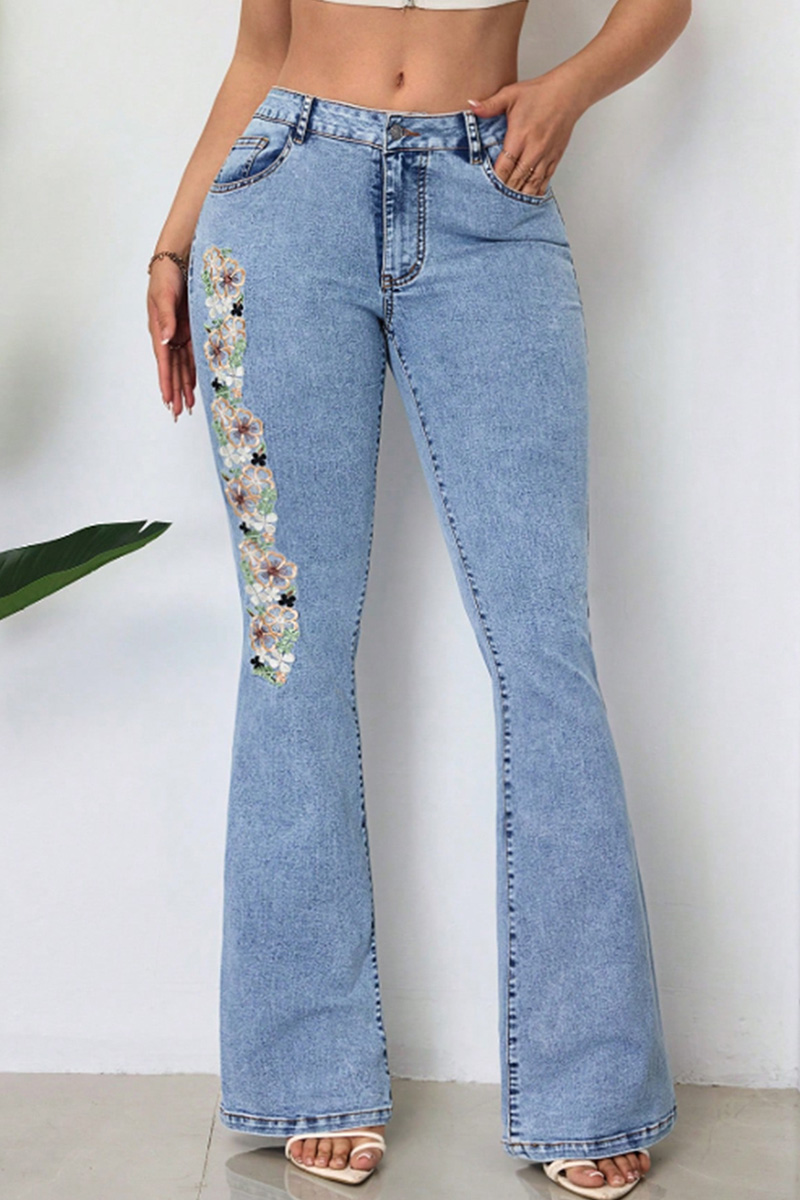 Women's Vintage Embroidery Flared High Waist Jeans