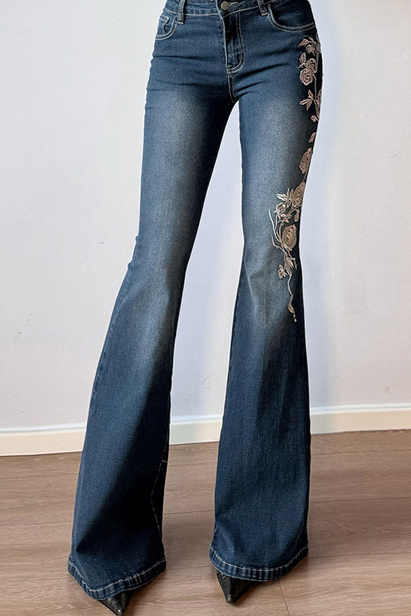Women's Vintage Ombre Embroidered Rose Jeans For Women