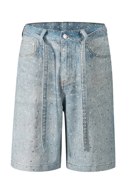 Women's Denim Shorts With Crystal Embellishments and Detachable Belt