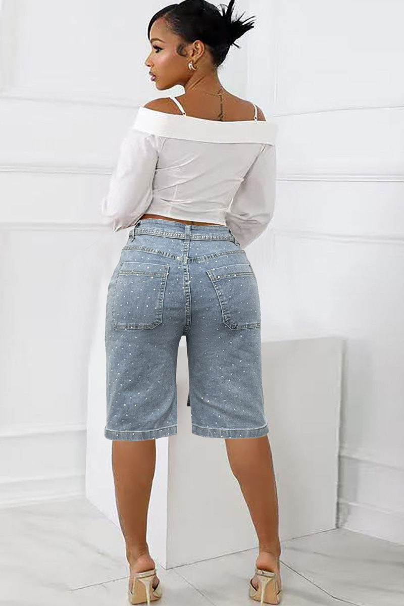 Women's Denim Shorts With Crystal Embellishments and Detachable Belt