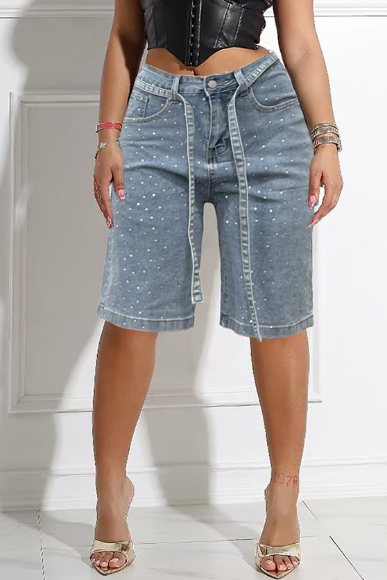 Women's Denim Shorts With Crystal Embellishments and Detachable Belt