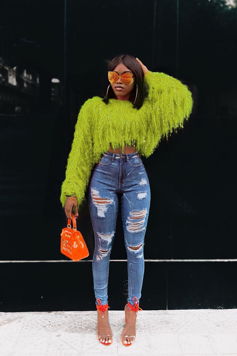 Lady's Fashion Handcrafted Fringe Knit Long-Sleeves Sweater