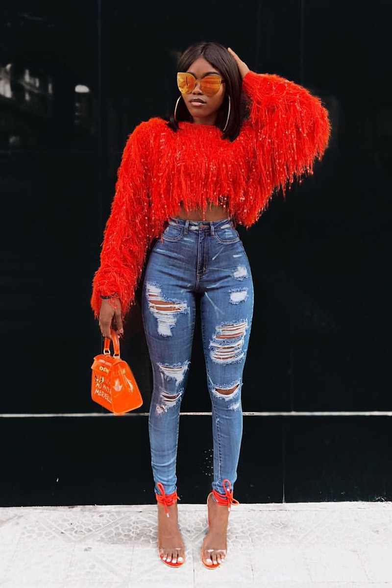 Lady's Fashion Handcrafted Fringe Knit Long-Sleeves Sweater