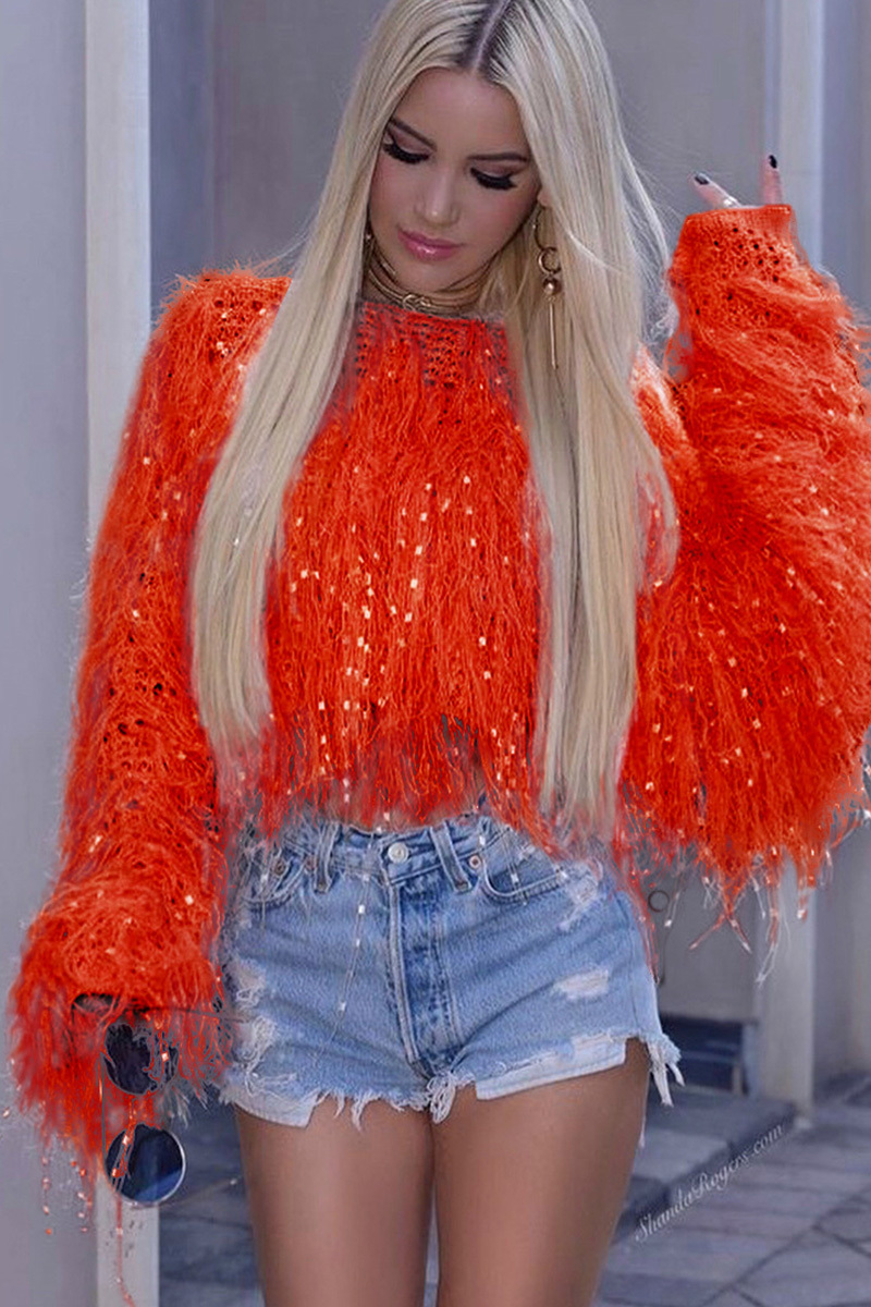 Lady's Fashion Handcrafted Fringe Knit Long-Sleeves Sweater