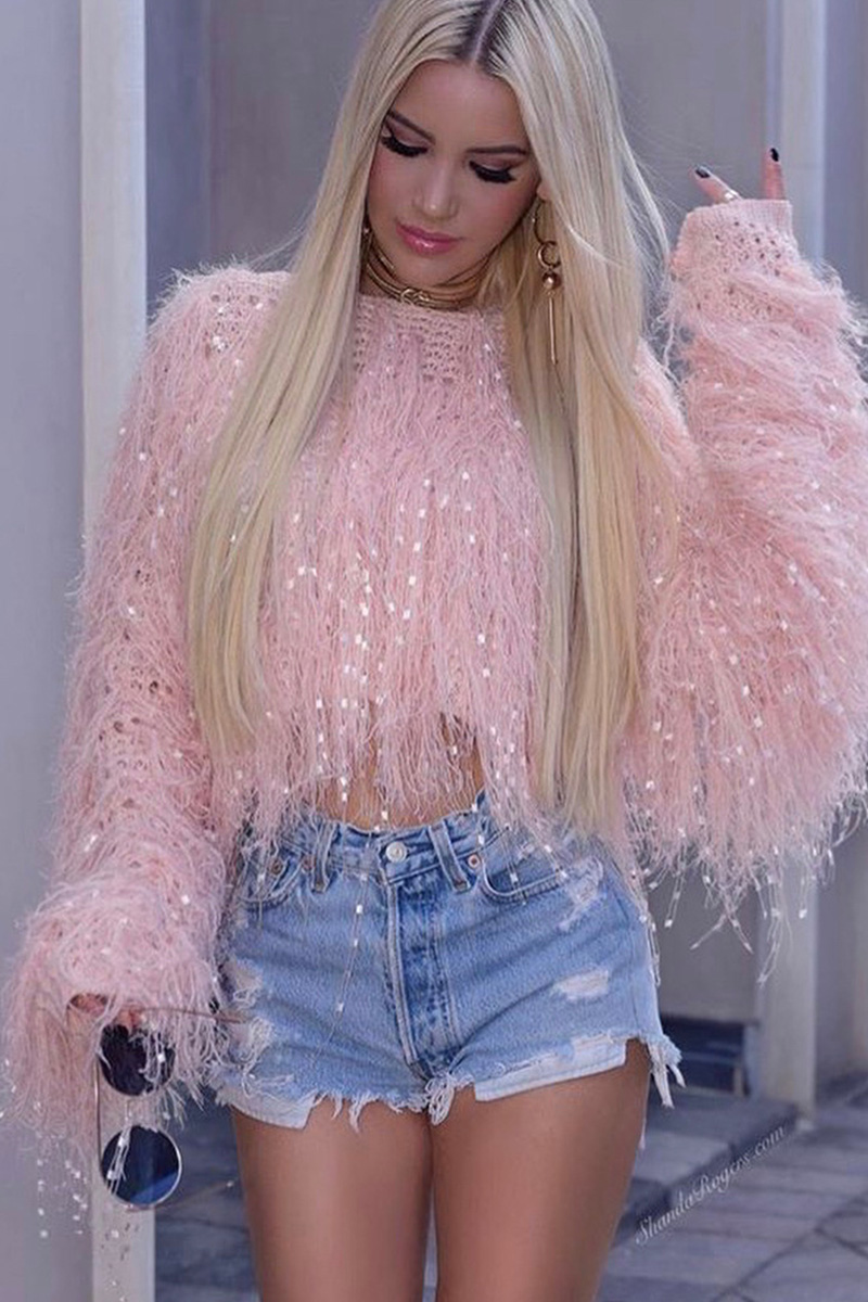 Lady's Fashion Handcrafted Fringe Knit Long-Sleeves Sweater