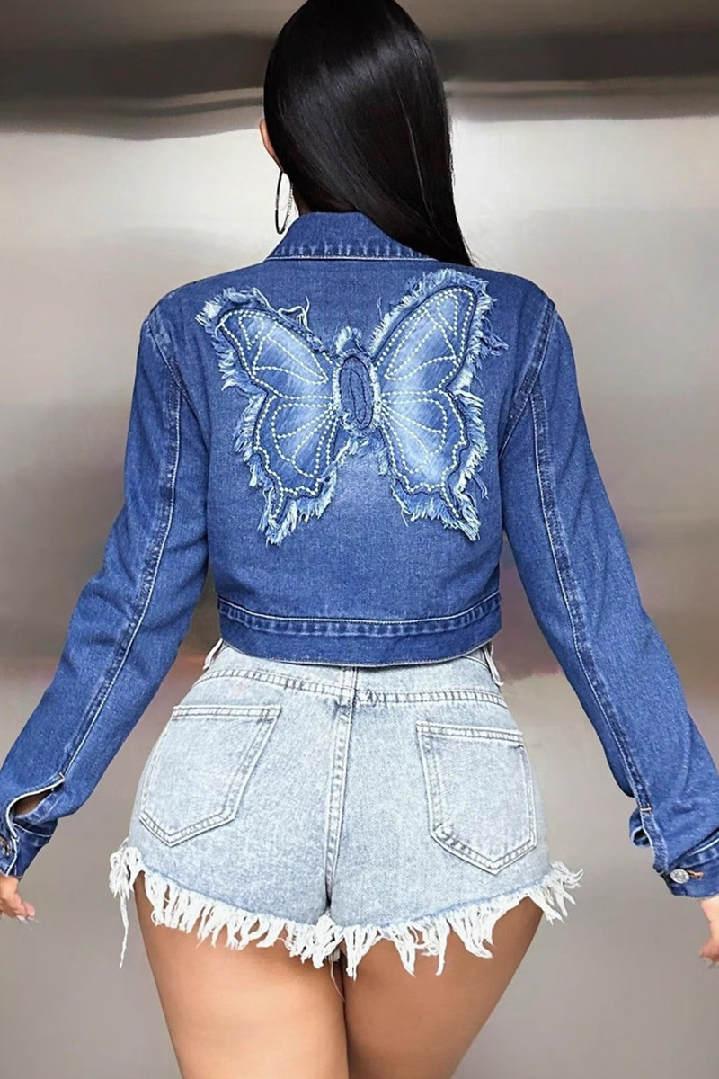 Women Embroidered Patch Butterfly Denim Jacket