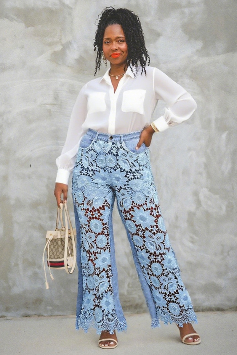 Ladies Distressed Denim With Lace Panel Details