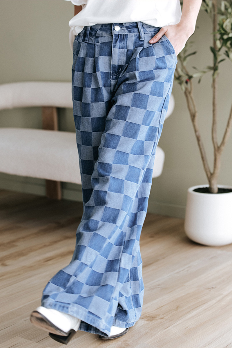 Women's Fashion Checker Print Loose Jeans