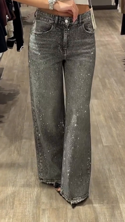 Women Rhinestone Washed Casual Jeans