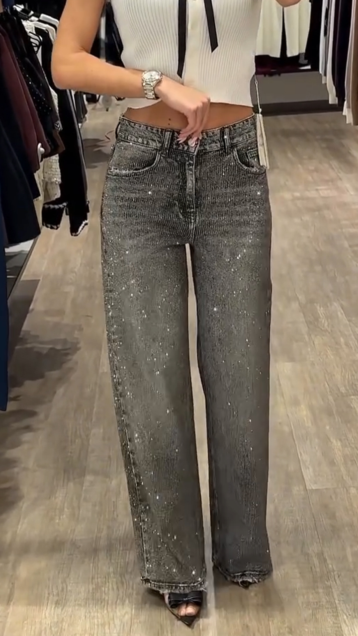 Women Rhinestone Washed Casual Jeans