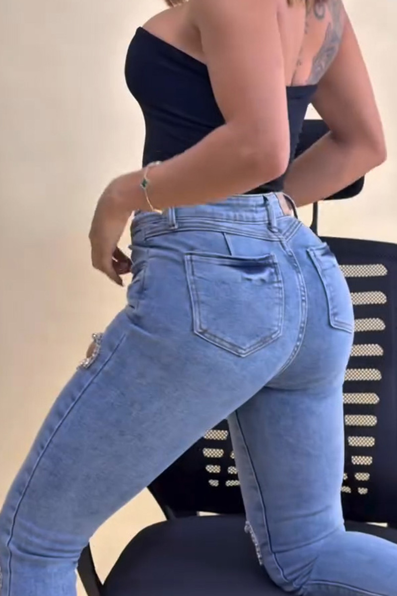 Women's Revival Style Rhinestone Heart-Shaped Cutout Jeans