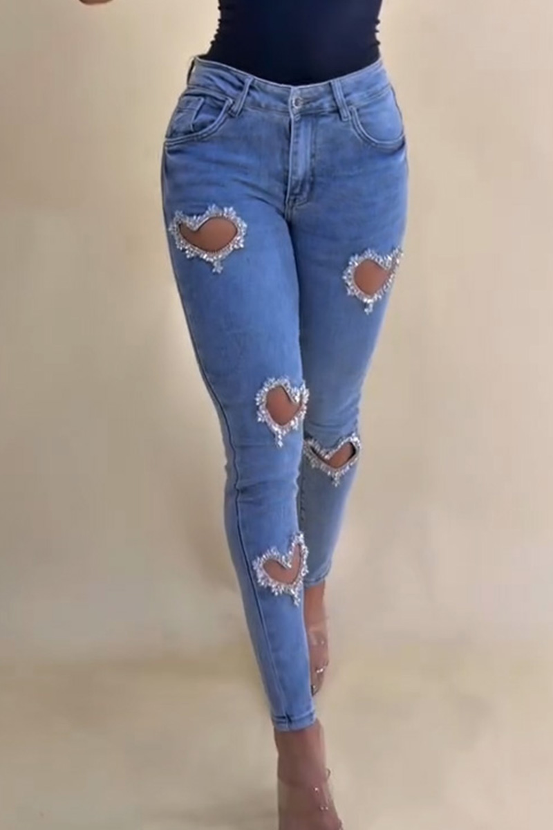 Women's Revival Style Rhinestone Heart-Shaped Cutout Jeans