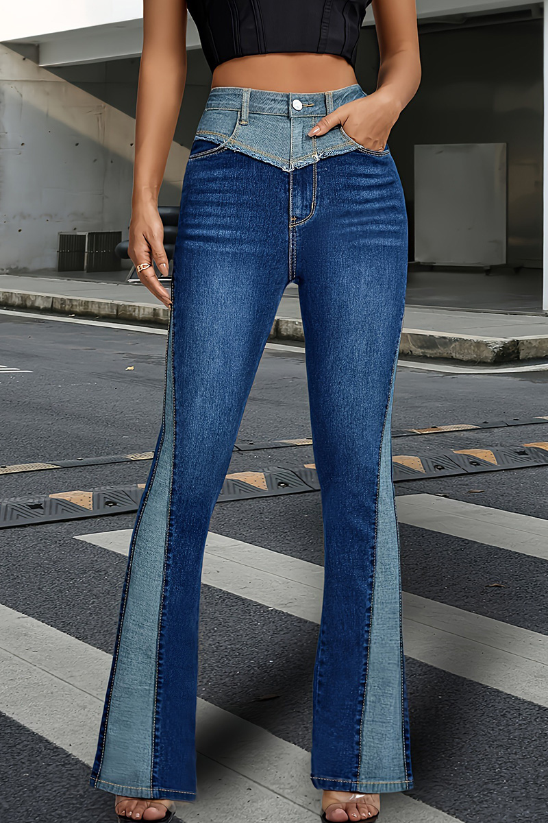 Women's Street Color Block Flared Jeans Trendy Mix And Match