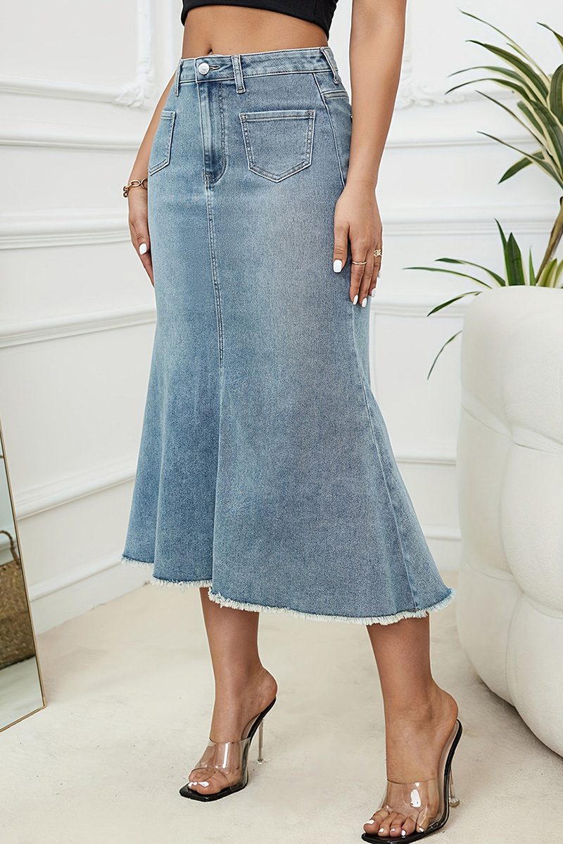 Women's Causal Denim A-Line Midi Skirt With Raw Hem