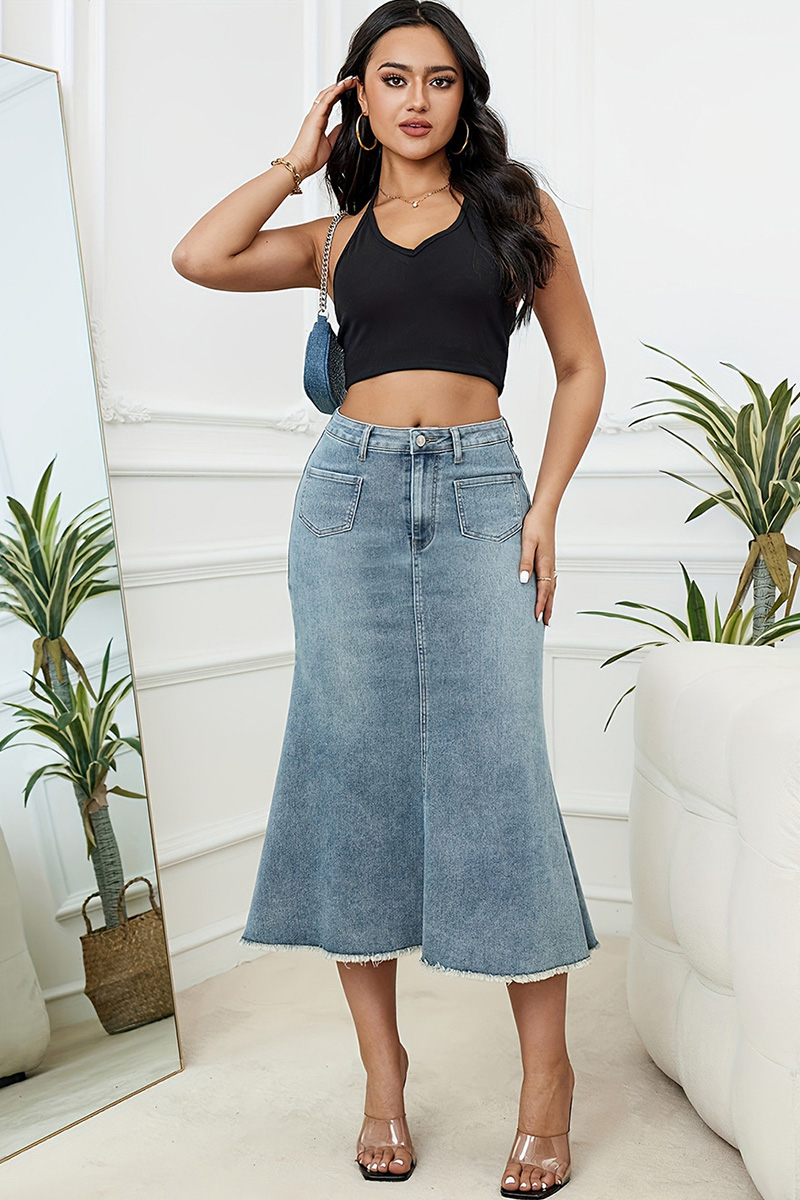Women's Causal Denim A-Line Midi Skirt With Raw Hem