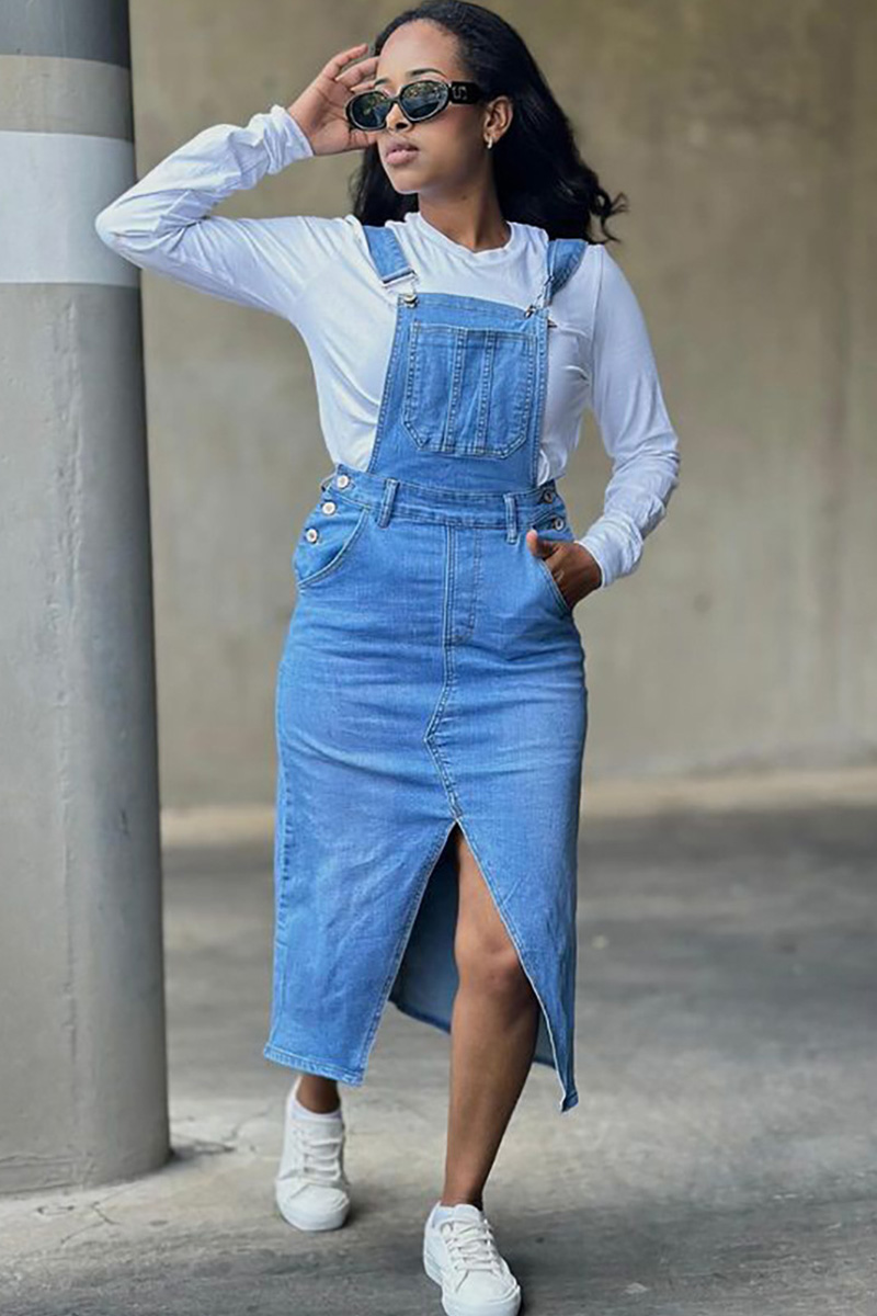 Women's Fashion Suspenders Large Pocket Split Denim Skirt