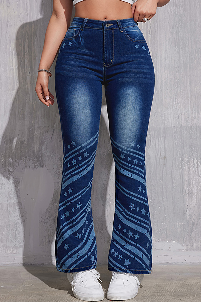Women's High Waist Flare Jeans With Retro Print