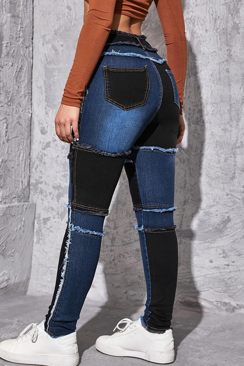 Women's Chic Contrast Panel Slim Fit Jeans In Navy And Black