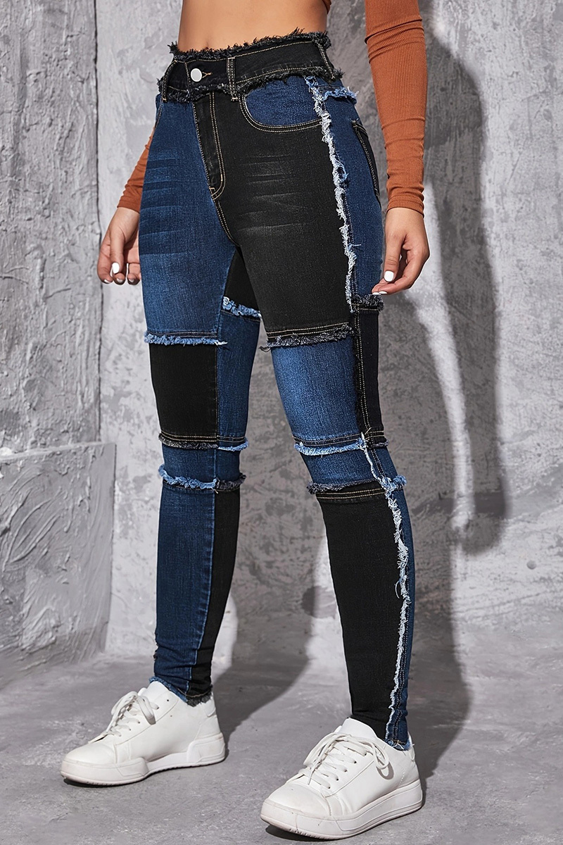 Women's Chic Contrast Panel Slim Fit Jeans In Navy And Black